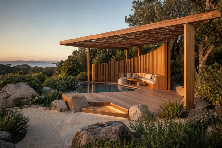 Deck e pergola in legno coordinati intorno a una piscina